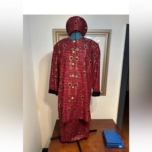 Homeland Authentics Women’s Red African 3 Piece Skirt Jacket Beret Suit Size L